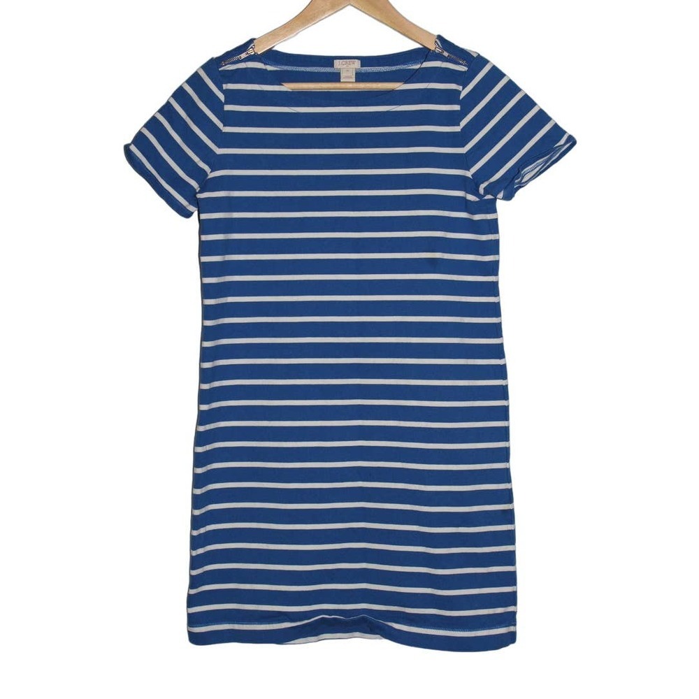 Women's J. Crew C3492 Blue White Striped Cotton Short Sleeve Mini Dress Size XS